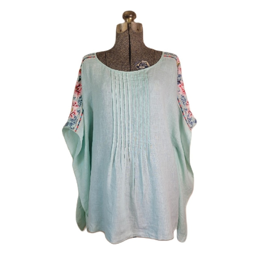 Johnny Was JWLA Floral‎ Embroidered Boho Hippie Pintuck Poncho Blouse Top XL